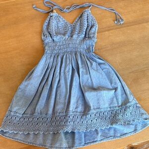 Blue Crochet Denim Mini Dress. 100% Cotton. Made in Peru